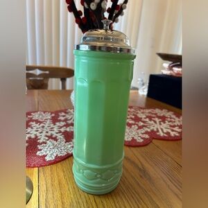 TABLECRAFT Reproduction Jadeite Straw Holder with Stainless Steel Lid/Insert